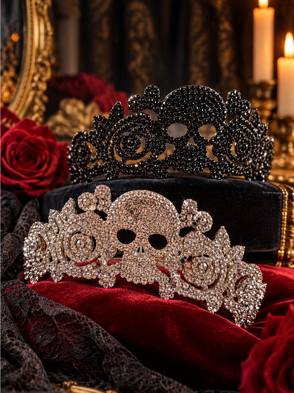 Tiara, Black Crystals, skull and roses, new item, Biker, Goth, Punk, Halloween